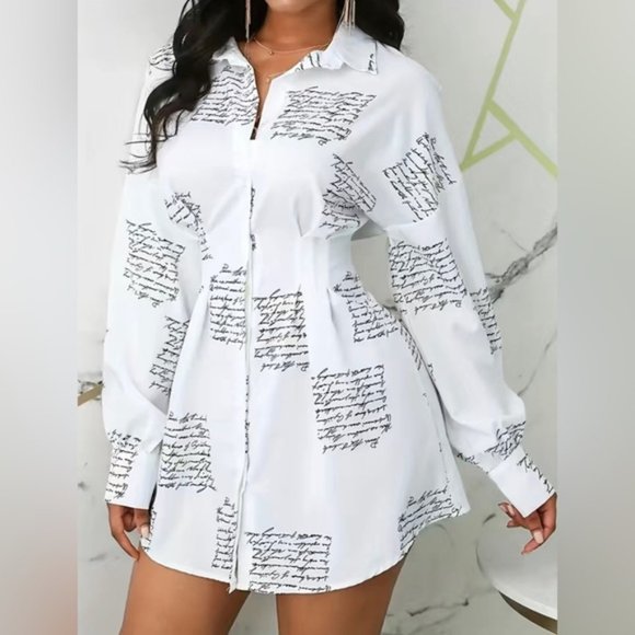 White Script Print Shirt Dress – 2X Long Sleeve Button-Down Mini - Picture 1 of 6